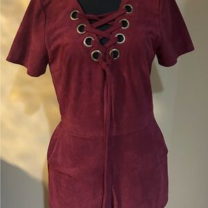 Moon River Lace-Up Short Sleeve Tunic in Burgundy